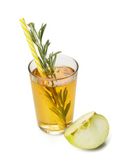Glass of fresh apple juice with rosemary on white background