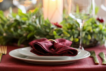 Christmas table setting with mistletoe wreath in dining room, closeup