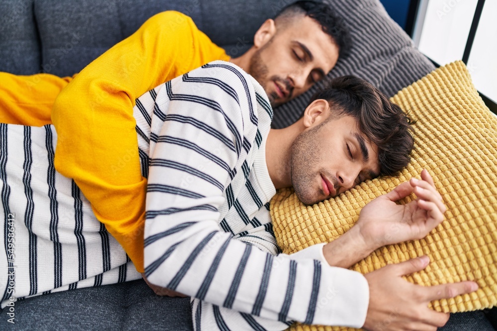 Poster two man couple hugging each other sleeping on sofa at home