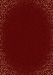 Hand-drawn unique abstract ornament. Light red on a deep red background, with vignette of same pattern and splatters in golden glitter. Paper texture. Digital artwork, A4. (pattern: p02-1e)