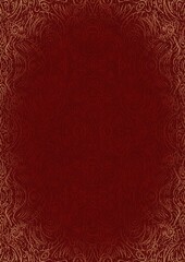 Hand-drawn unique abstract ornament. Light red on a deep red background, with vignette of same pattern and splatters in golden glitter. Paper texture. Digital artwork, A4. (pattern: p03d)