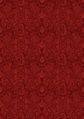Hand-drawn unique abstract symmetrical seamless ornament. Bright red on a deep red background. Paper texture. Digital artwork, A4. (pattern: p01e)