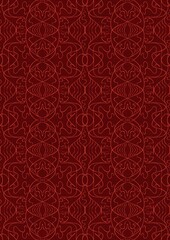 Hand-drawn unique abstract symmetrical seamless ornament. Bright red on a deep red background. Paper texture. Digital artwork, A4. (pattern: p02-1e)