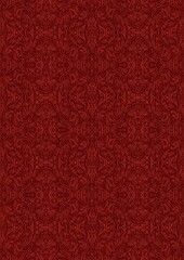 Hand-drawn unique abstract symmetrical seamless ornament. Bright red on a deep red background. Paper texture. Digital artwork, A4. (pattern: p03e)