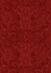 Hand-drawn unique abstract symmetrical seamless ornament. Bright red on a deep red background. Paper texture. Digital artwork, A4. (pattern: p04d)