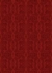 Hand-drawn unique abstract symmetrical seamless ornament. Bright red on a deep red background. Paper texture. Digital artwork, A4. (pattern: p09e)
