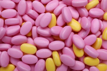 Many bright dragee candies as background, closeup