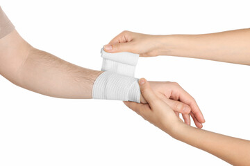 Doctor applying medical bandage onto patient's hand on white background, closeup