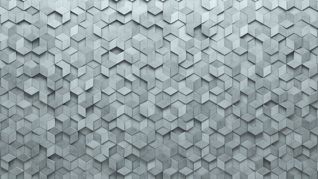 Concrete, 3D Mosaic Tiles arranged in the shape of a wall. Futuristic, Diamond Shaped, Blocks stacked to create a Semigloss block background. 3D Render