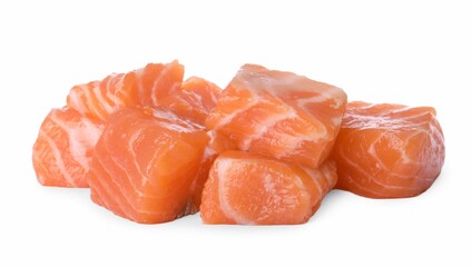 Pieces of fresh raw salmon on white background