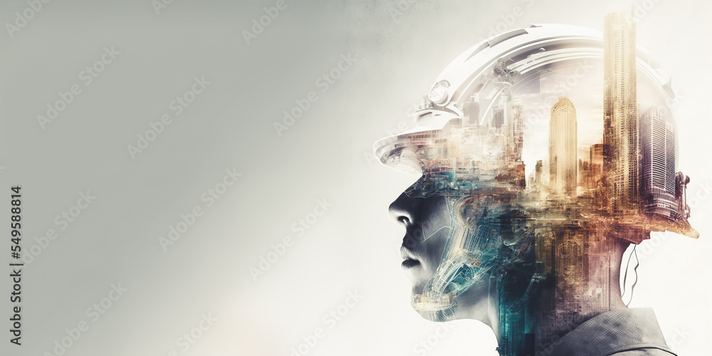 Poster future building construction engineering project devotion with double exposure graphic design. build