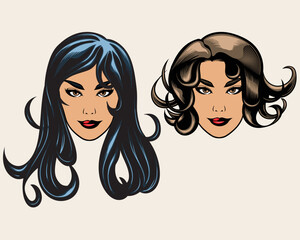 two variant hair beautiful women head vector illustration