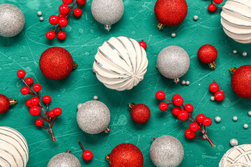 Composition with stylish Christmas decorations on color background