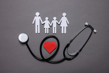 Paper family figures, red heart and stethoscope on grey background, flat lay. Insurance concept