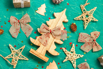 Set of stylish Christmas decorations on color background