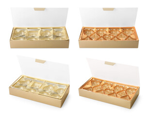 Set with empty candy boxes on white background