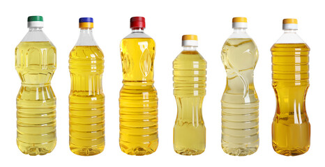 Set with different bottles of cooking oils on white background. Banner design