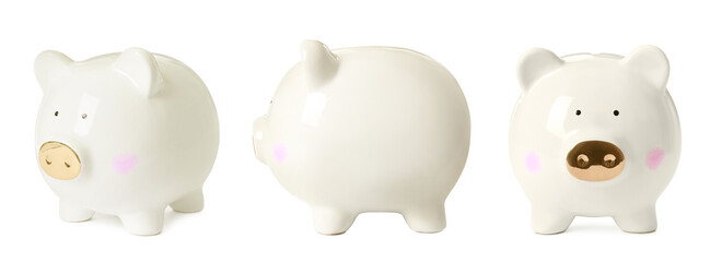 Set with piggy banks on white background. Banner design