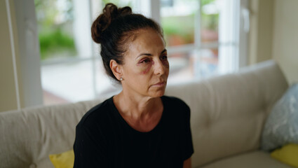 Middle age hispanic woman suffering for domestic violence with bruise on eyes at home