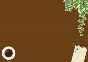 アイビーの鉢植えとコーヒー、メモ帳の木目背景（濃い木目）