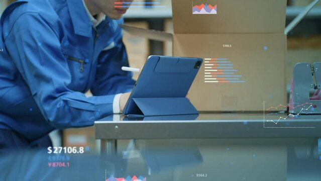 物流倉庫で検品する作業員とデータ統計イメージ