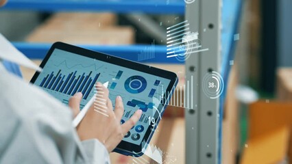 Worker using tablet PC and statistical data. Inventory control. Warehouse management systems. - Powered by Adobe