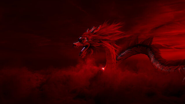 Flying Chinese Dragon against a Red Cloudy Sky. New Year Concept with copy-space.