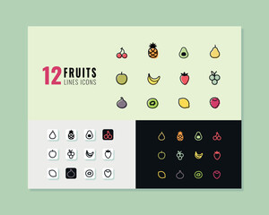 set of 12 fruits lines icons