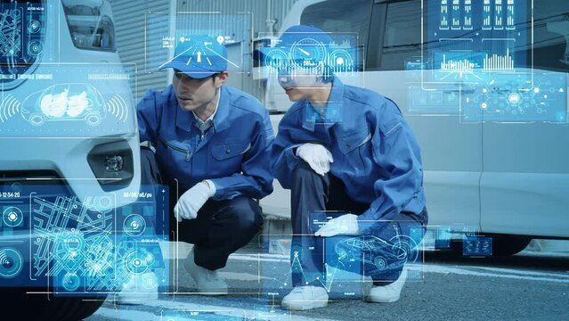自動車を点検する作業員とテクノロジーイメージ