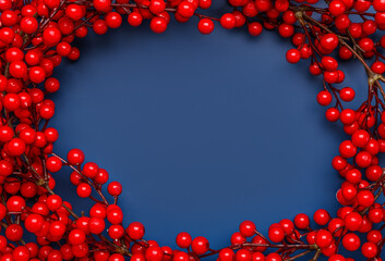 Frame made of viburnum berries on color background, closeup