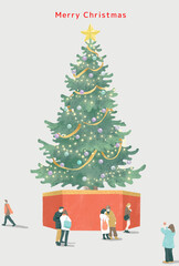 街の大きなクリスマスツリーと雪と家族やカップルなどの人々_Christmas tree and many people
