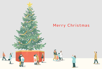 街の大きなクリスマスツリーと雪と家族やカップルなどの人々_Christmas tree and many people
