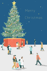 街の大きなクリスマスツリーと雪と家族やカップルなどの人々_Christmas tree and many people