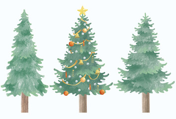赤や金色のオーナメントで飾ったクリスマスツリーともみの木のイラスト_Christmas tree and fir tree