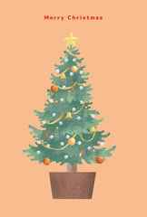 赤や金色のオーナメントで飾ったクリスマスツリーともみの木のイラスト_Christmas tree and fir tree