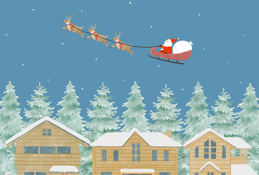 雪化粧のもみの木と家とサンタクロースとトナカイがプレゼントを届けに行くクリスマスのイラスト_santa claus on a sleigh and reindeer