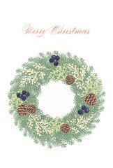 クリスマスの伝統的な植物を使ったリースのポストカード用のイラスト_Christmas wreaths with traditional plants