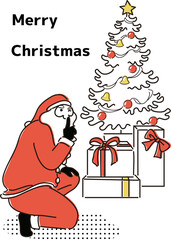 プレゼントを届けにきたサンタクロースとトナカイと夜空のイラスト_Santa Claus and his reindeer delivering presents