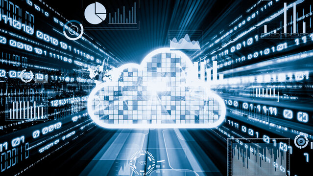 Cloud computer and online data storage with tacit intelligent sharing software . Concept of smart digital transformation and technology disruption that changes global trends in new information era .