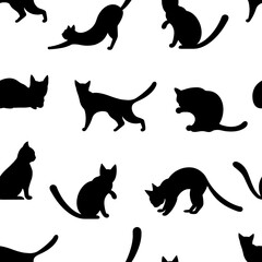 Silhouettes of black cats in various poses seamless vector pattern. Pets sleep, sit, walk, wash. Cute kittens on a white background. Simple monochrome backdrop with animals for fabric, textile, print