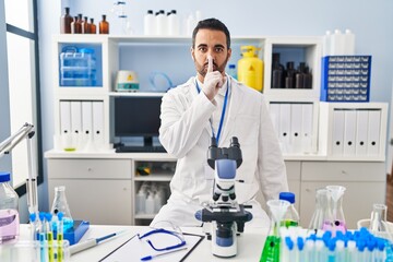 Young hispanic man with beard working at scientist laboratory asking to be quiet with finger on...