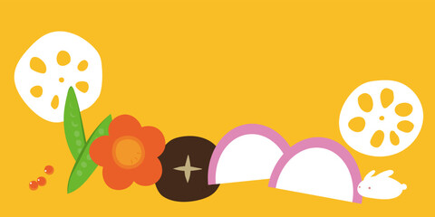 おせち料理とうさぎのお正月素材　背景イラスト　フレームイラスト　webバナー