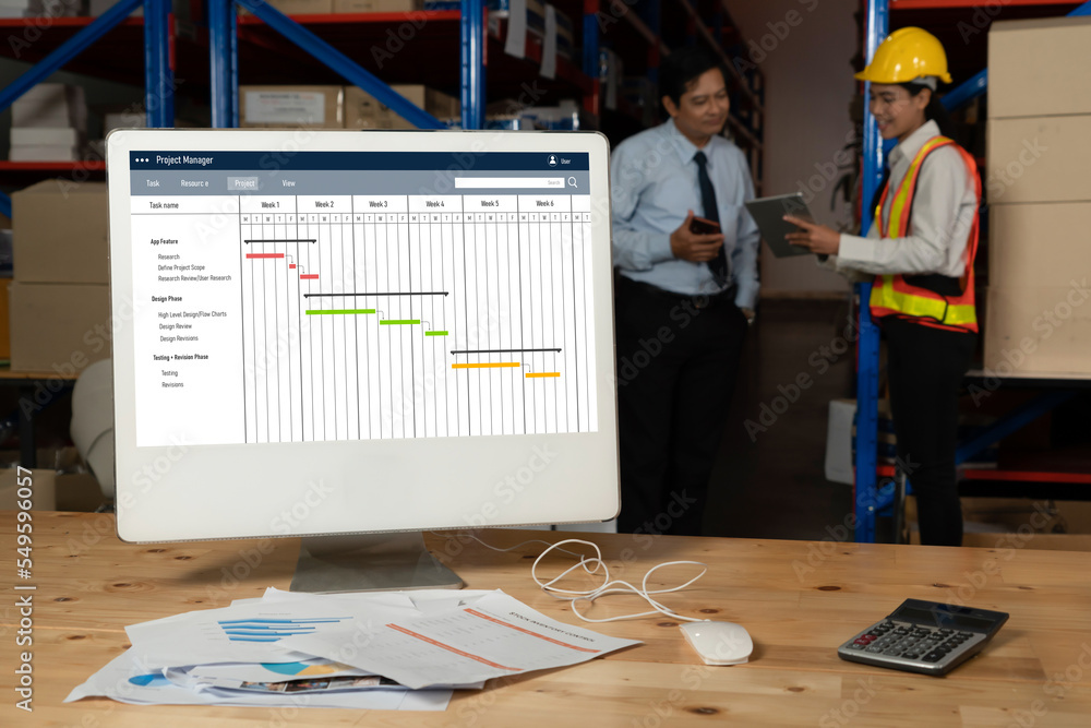 Poster project planning software for modish business project management on the computer screen showing time