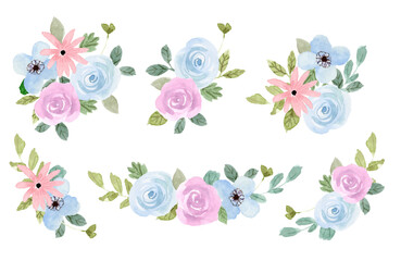 blue pink floral arrangement watercolor