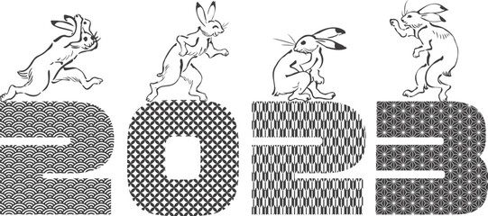 和柄の２０２３の数字の上に乗る鳥獣戯画のウサギの新年・お正月用のベクターイラスト（黒単色）