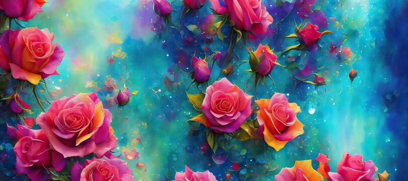 Pink roses on cloudy blue abstract background