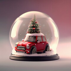 Red car mini cooper snow globe with a Christmas tree on the roof	 - obrazy, fototapety, plakaty