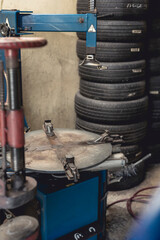 A heavy duty tire bead breaker at a vulcanizing shop.