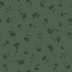 Random Scattered Green Silhouette Ditsy Flowers Textiles Surface Design Seamless Repeat Pattern Design on Green Background 