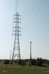 High voltage electricity transmission lines at Thar desert, Rajasthan, India.